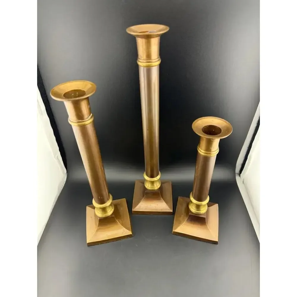 Two-Tone Brass Taper Candlesticks, Set of 3